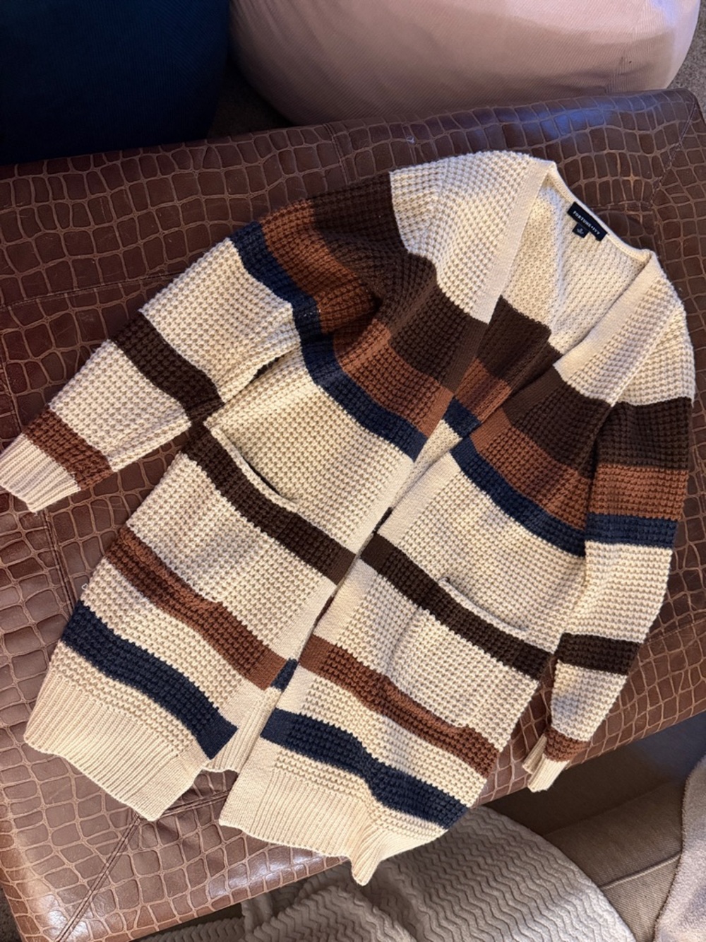 Open-Front Stripe Cardigan Sweater - Cream, Brown & Navy